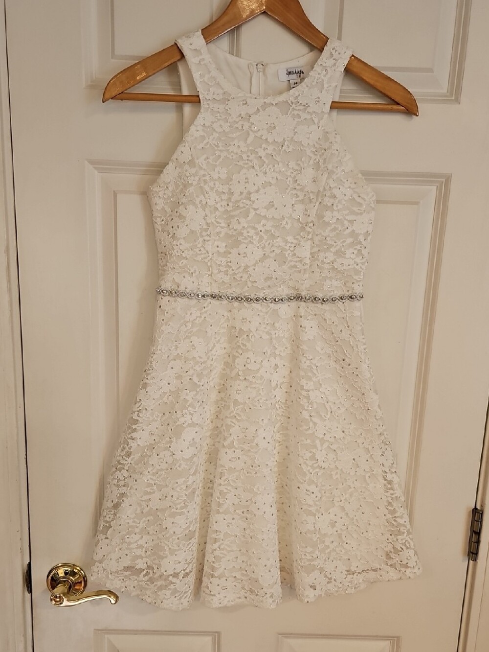 Speechless White Lace Fit & Flare Dress with Crystal Belt